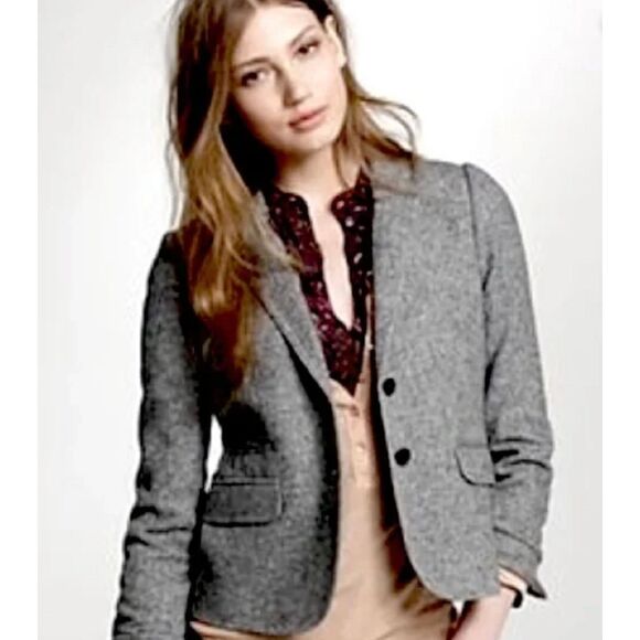 Vintage J. Crew Grey Schoolboy Donegal Wool Silk 2 Button Tweed Blazer Size 4 - Picture 2 of 7